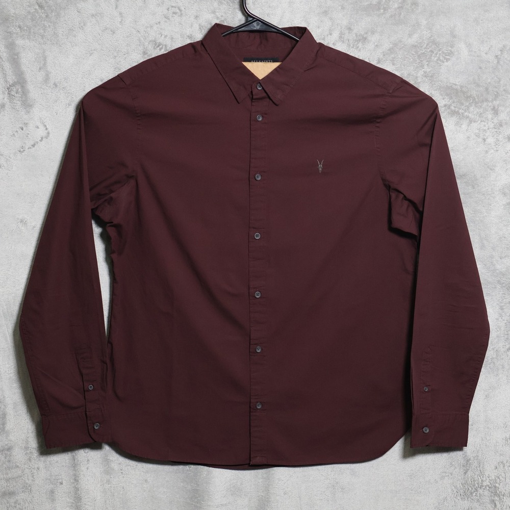 AllSaints Shirt Mens XXL Burgundy Red Redondo Long Sleeve Ramskull Logo Preppy